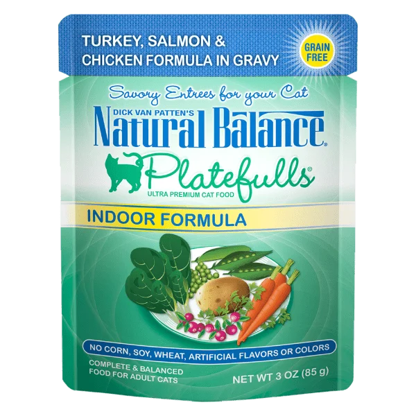 . **Special Needs** Natural Balance Platefulls Indoor Turkey, Salmon & Chicken Formula in Gravy Soft Cat Food Pouch . **Special Needs** Natural Balance Platefulls Indoor Turkey, Salmon & Chicken Formula in Gravy Soft Cat Food Pouch