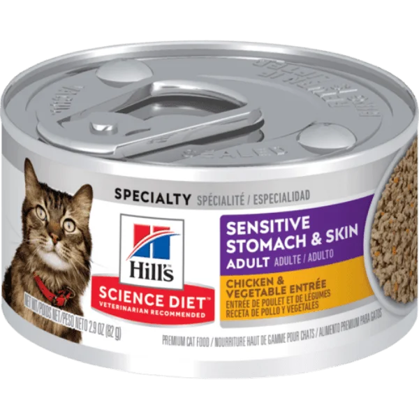 . **Health and Nutrition** Science Diet Sensitive Skin & Stomach Chicken & Vegetable Entree Adult Canned Cat Food, 2.9oz . **Health and Nutrition** Science Diet Sensitive Skin & Stomach Chicken & Vegetable Entree Adult Canned Cat Food, 2.9oz